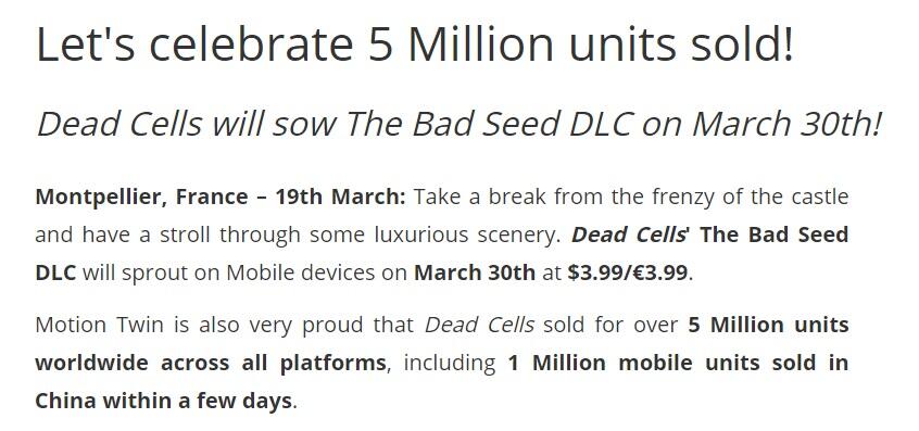 《死亡细胞》移动版国内销量突破 200 万，为买断制非内购手游