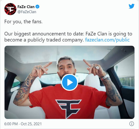 电竞战队Faze Clan SPAC上市，估值10亿